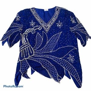 VTG Women’s Blue and Silver 80’s Silk Beaded and Sequined Blouse